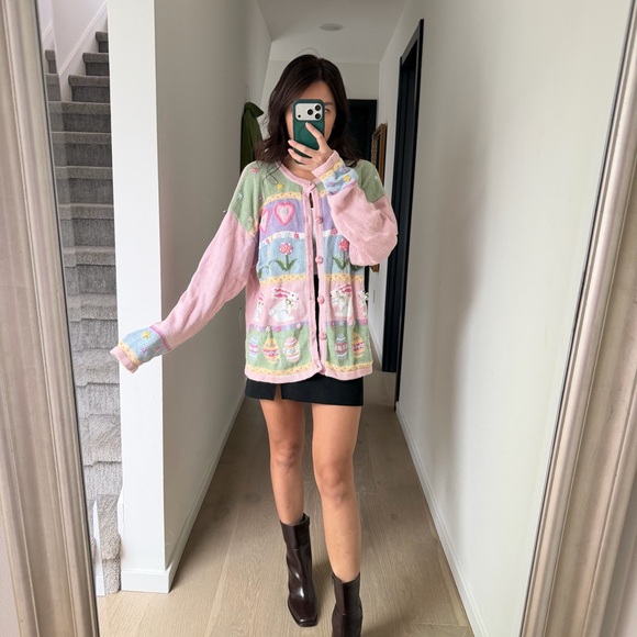 Vintage Cottagecore Grandmacore Fairy Coquette Bunny Pastel Knit Cardigan L - Picture 2 of 6